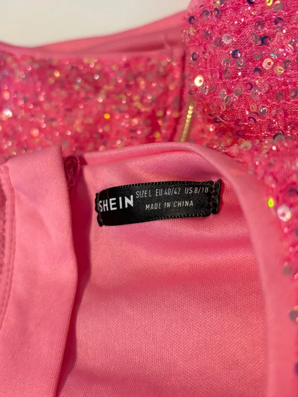 SHEIN Sequin High Neck Long Sleeve Crop Top Glitter Bright Hot Pink Womens Large - Image 4