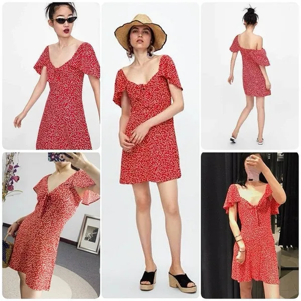 Zara Red Floral Sweetheart Neck Flutter Sleeve Bow Smocked Back Mini Dress Sz S - Image 5