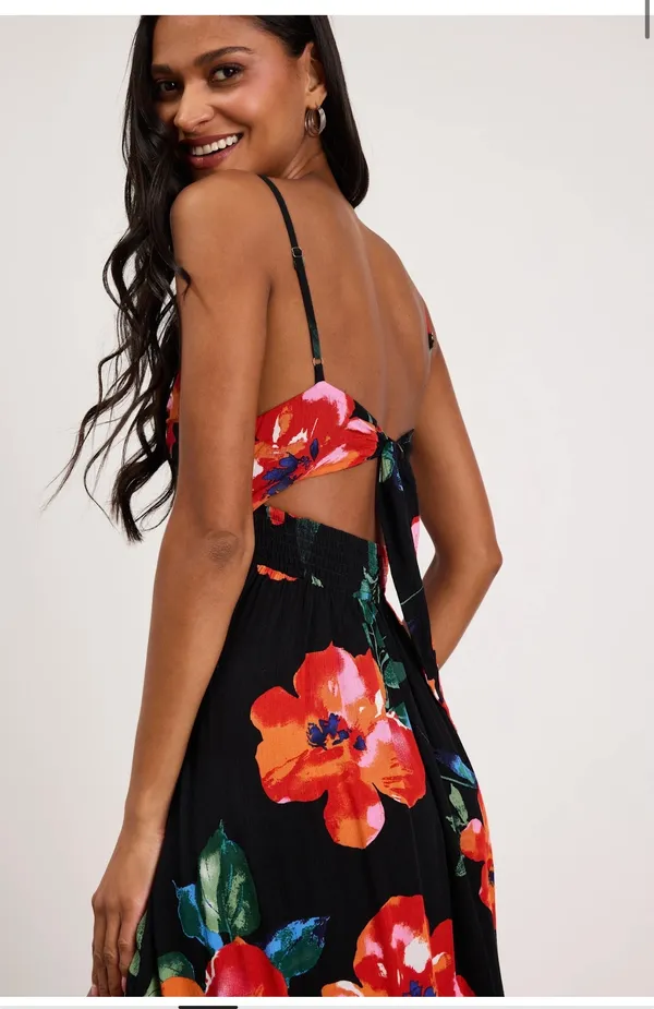 Lulus Tropical Blooms Black Floral Tie-Back Cutout Maxi Dress | NWT - Image 3
