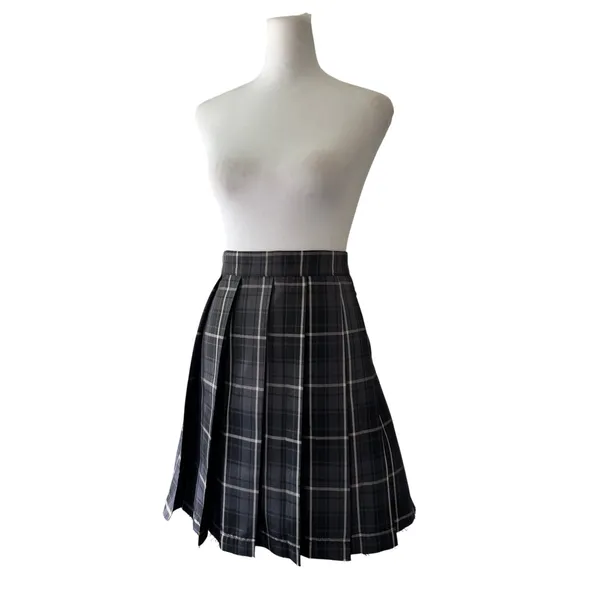 Current Mood Gray, Black & White Plaid Knee Length Skirt w/ Unfinished Hem - Image 3