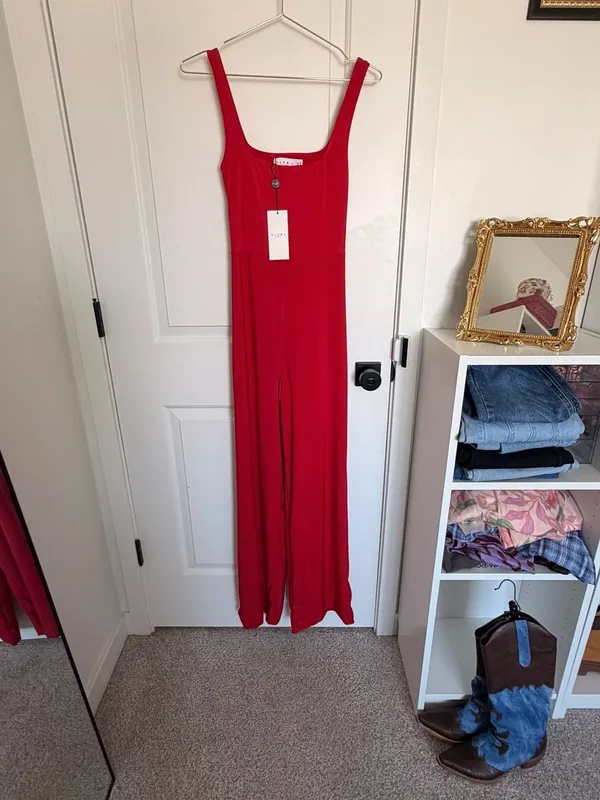 Club L London Square Neck Wide Leg Jumpsuit Ruby Red - Image 2