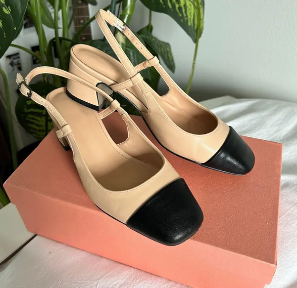 Black toe square heel kitten heels tan Size 6 - Image 2
