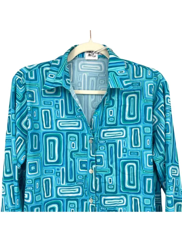 Princess Polly Electric Vibe Retro Blue Geometric Button-Up Shirt Size 4 NWT - Image 2