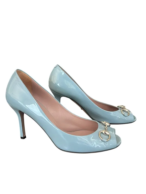 Gucci Women’s Silver Horsebit Light Blue Patent Leather Peep Toe Heels Size 39 - Image 10