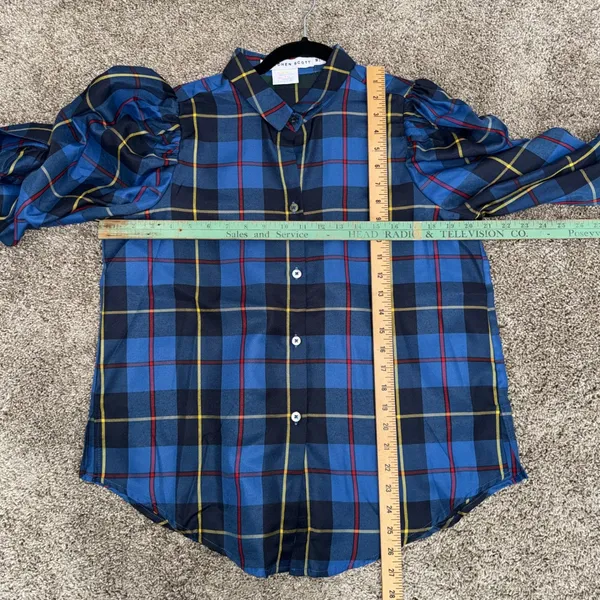 Gretchen Scott Plaid Puff Sleeve Blouse Women Medium Blue Excellent Tartan Top - Image 7