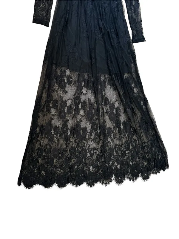 Womens Black Lace Maxi Dress Flowy Goth Witchy Evening Party Dark Romance - Image 4
