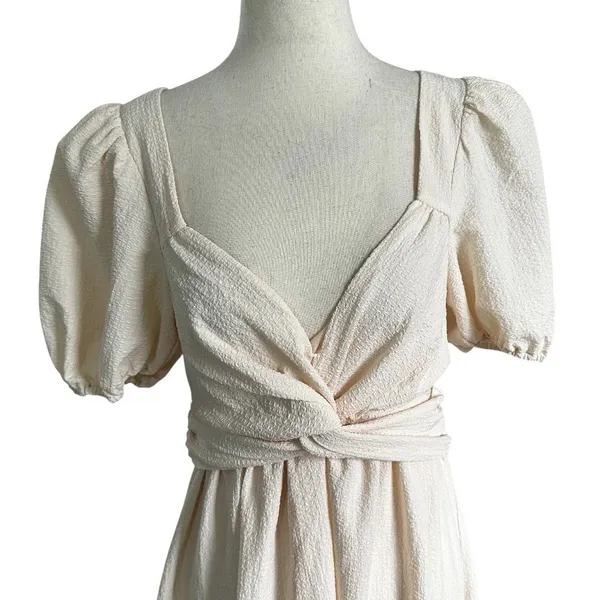 ASTR the Label Tie Peach Cream Puff Sleeve Midi Dress Size Medium | 30-10 - Image 3