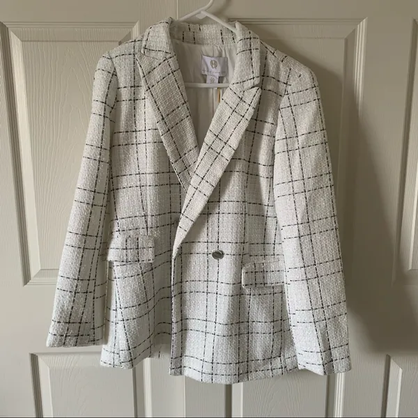 House of Harlow x Revolve White Plaid Tweed Office Siren Classic Blazer NWT M - Image 2