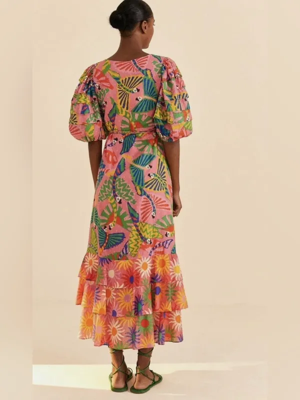 FARM Rio Coral Mixed Graphic Macaws Puff Sleeve Ruffle Hem Midi Wrap Dress XS - Image 3