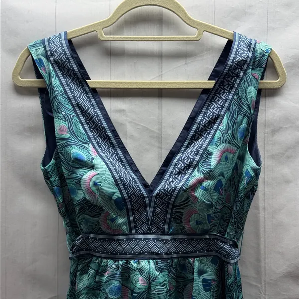 H&M Blue and Purple Peacock Print Deep V Belted Sleeveless Mini Dress - Image 4