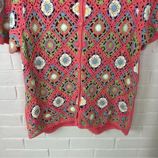Vintage Granny Knit Crotchet Button Front Top Size M - Image 4