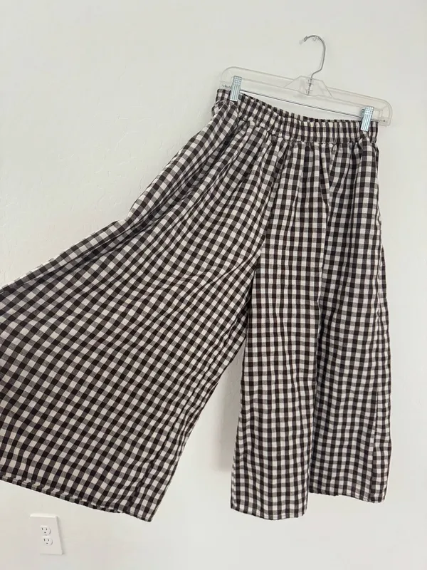 100% cotton brown and white gingham wide leg pants - Image 2