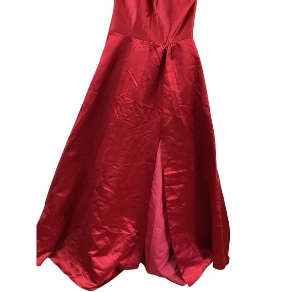 JJs House Burgundy Satin One Shoulder Ruffle Maxi‎ Gown Dress Pockets Size 4 NEW - Image 5