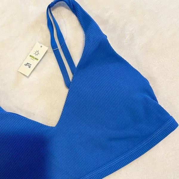 NWT Offline by Aerie Goals Blue Ribbed Padded Sports Bra - Size: Medium - Image 5