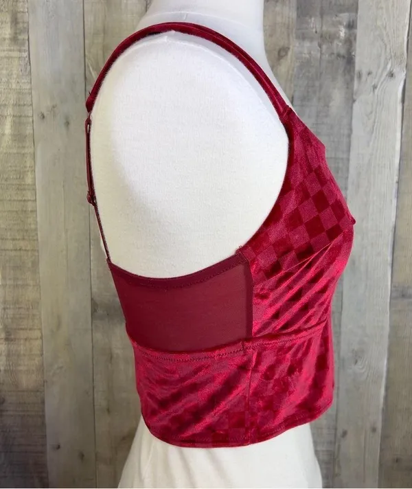 Colsie Red Large Checkered Velvet Crop Top Bralette With Adjustable Stra… - Image 4