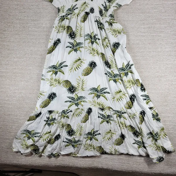 Blue Island Tropical Maxi Dress Sz L Pineapple Palm Print Rayon Tiered Open Back - Image 7
