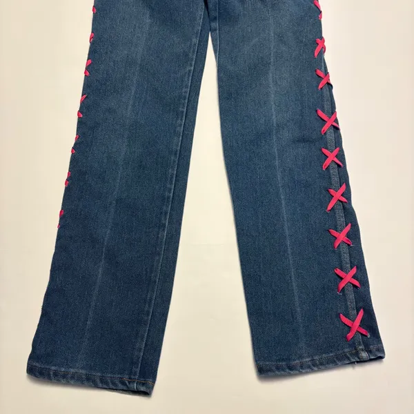 Wrangler Lace Up Jeans Womens 8 Blue Pink Ribbon High Rise Straight Leg USA 0372 - Image 4