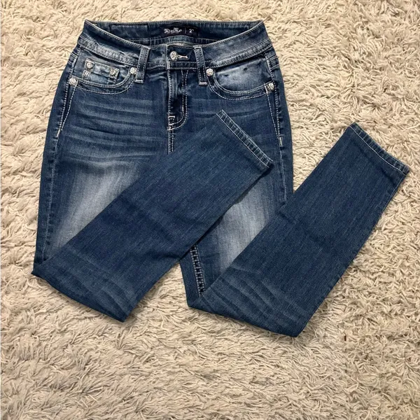 Miss Me Stylish Mid-Rise Skinny Blue Embroidered Women's Jeans Size 27 - Image 13