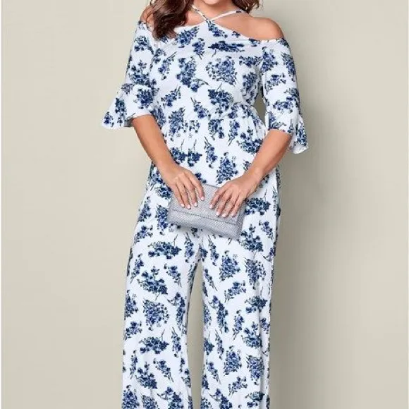 VENUS Blue Floral Off-Shoulder Jumpsuit - Image 5