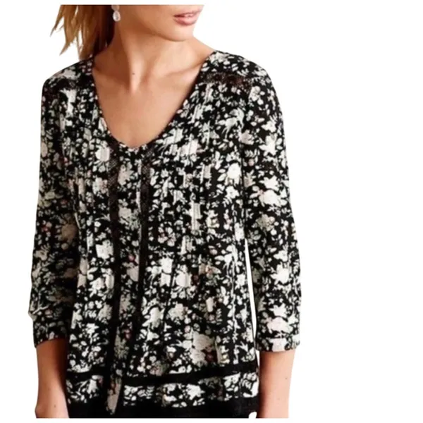 Maeve‎ Anthropologie Floral Lace Trim Blouse Womens 10 Black Boho Pleated Rayon - Image 2