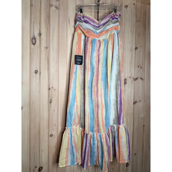 NWT Lulus Kelia Peach Multi Striped Midi Dress Coastal Resort Vacay Ruffled Sz L - Image 6