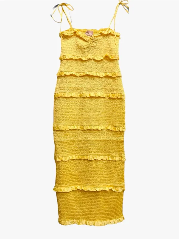 NWT Show Me‎ Your Mumu Stella Smocked MIDI Dress Yellow Luxe Satin Large - Image 3