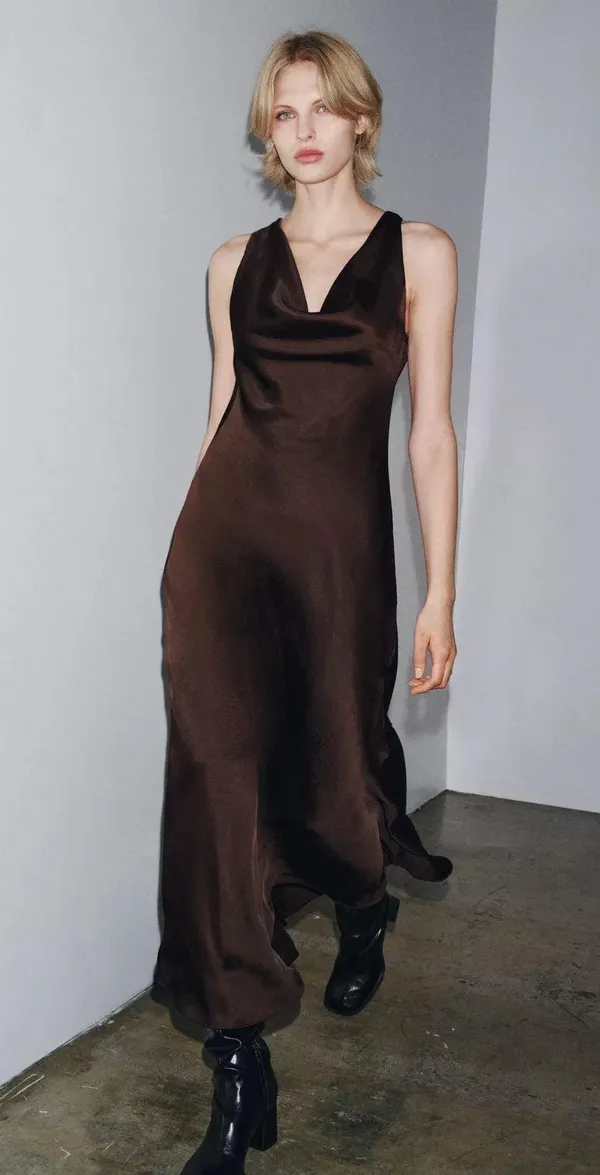 Zara Elegant Brown Sleeveless maxi stin effect Dress holiday party cocktail - Image 9