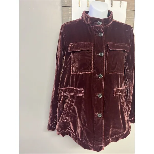 Loft Women’s Velvet Gorgeous Red Button Down Jacket Long Sleeve Pockets Small - Image 3