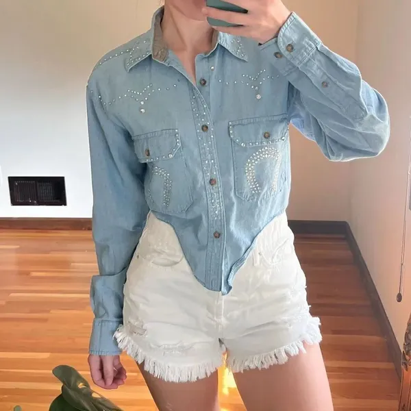 Vintage Faded Glory Originals Bedazzled Chambray Button Down Size S - Image 3