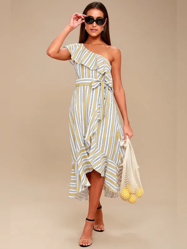 Lulus High Tide Yellow Striped One Shoulder Midi Dress Size Small - Image 2