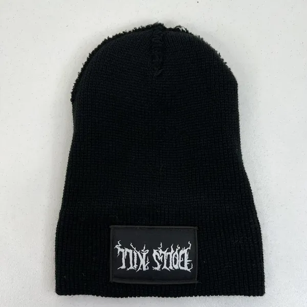 Dolls Kill Knit‎ Beanie Hat Black Goth Punk Lolita Death Metal Spell Out Patch - Image 8