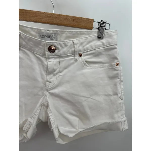 Express Shorts Women‎ 6 White Denim Cotton Blend Rolled Cuff Pockets - Image 4