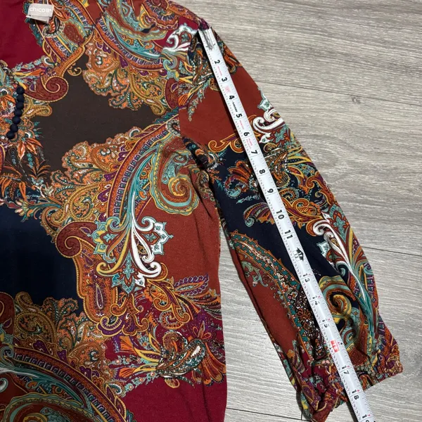 Chicos Paisley V-Neck Blouse Size 2 Large Rust Navy‎ 3/4 Sleeve Button Trim Top - Image 11