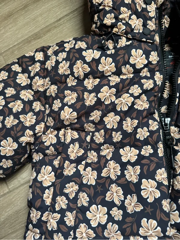 Rip Curl Black Puffer Jacket with Cream Floral Print - Image 10