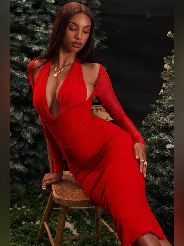 House of CB Yasmin Scarlet Plunge Midi Dress XS - Image 2