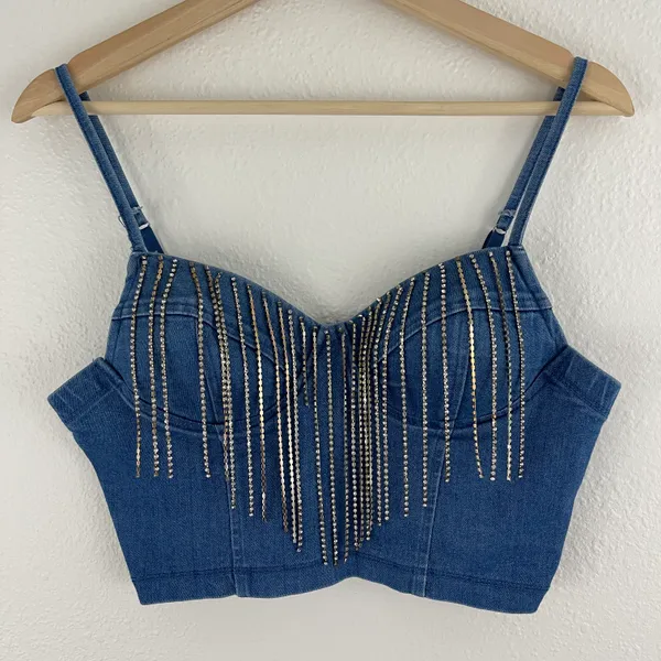 Haute Monde Y2K Vibes Blue Denim Cowgirl Western Rhinestone Fringe Crop Bustier Tank Top - Image 2