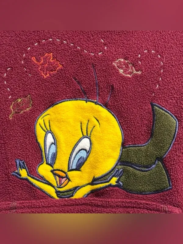 Vintage Y2K Looney Tunes Tweety Bird Fleece Hoodie Burgundy Small - Image 2