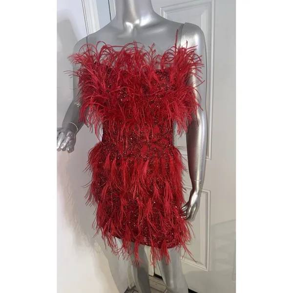 ASHLEYlauren 4615 Red Beaded Feather Cocktail Dress Strapless 2 Pageant Prom - Image 8