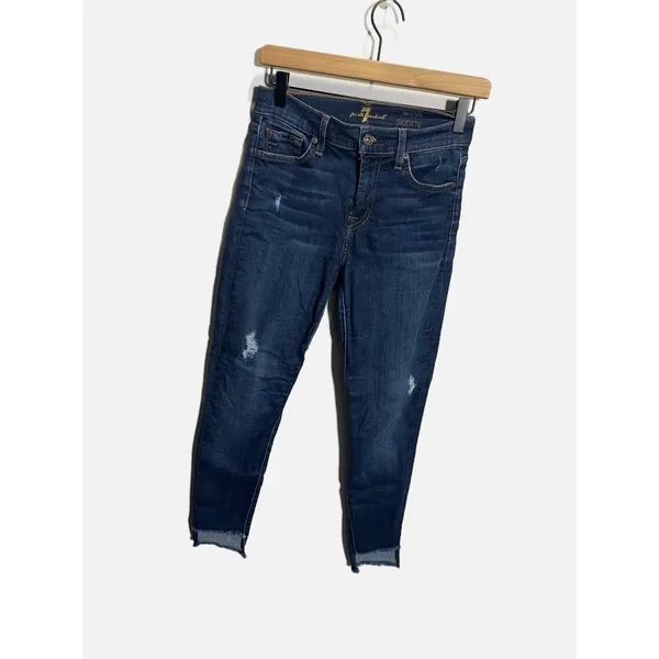 7 For All Mankind The Ankle Skinny Jeans Womens 25 Blue Distressed Raw Hem Denim - Image 2
