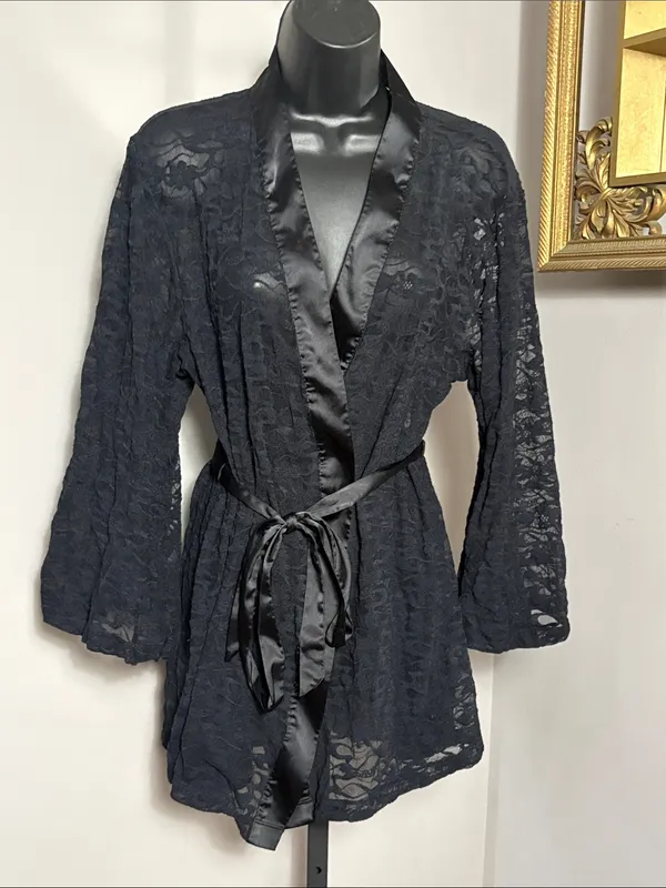 Savage x Fenty Medium Large 8-14 Black Link Up Lace Robe Satin Trim - Image 2