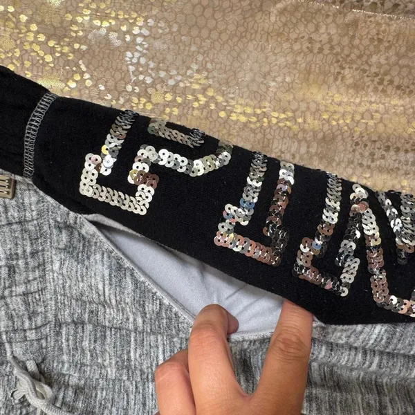 PINK Victoria's Secret Sequin Bling Logo Boyfriend Pant Sweatpants Gray Black La - Image 5