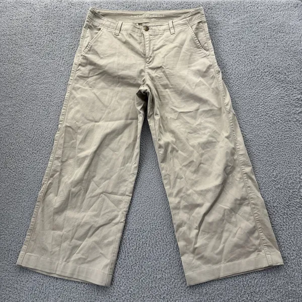 American Eagle Wide Leg Trouser Pants Khaki Stretch Retro Boho Women's 12 x 27 - Image 2
