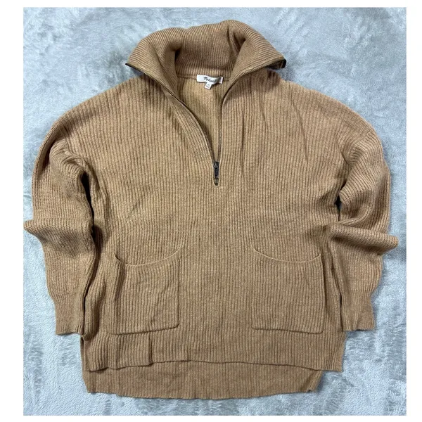 Madewell Merino Wool Sweater Quarter Zip Tan Ribbed XS Cozy Comfortable - Image 3