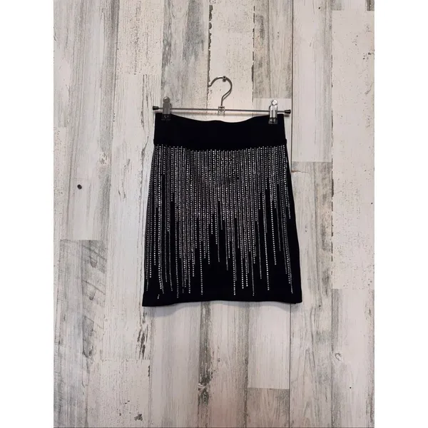 Julia by Loves Mini Skirt Womens Small/Medium Black Silver Rhinestone Bodycon Kn - Image 4