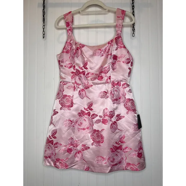 Lulus Brighter Side Pink Floral Satin Jacquard Mini Dress Party Party Large - Image 2