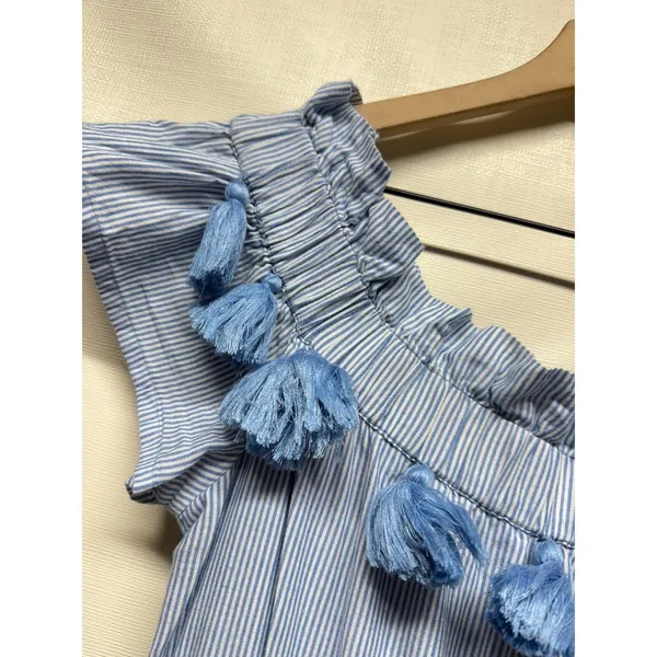 Tularosa Lana‎ Midi Dress Blue Stripe Embroidered Off Shoulder Tiered Tassel - Image 4
