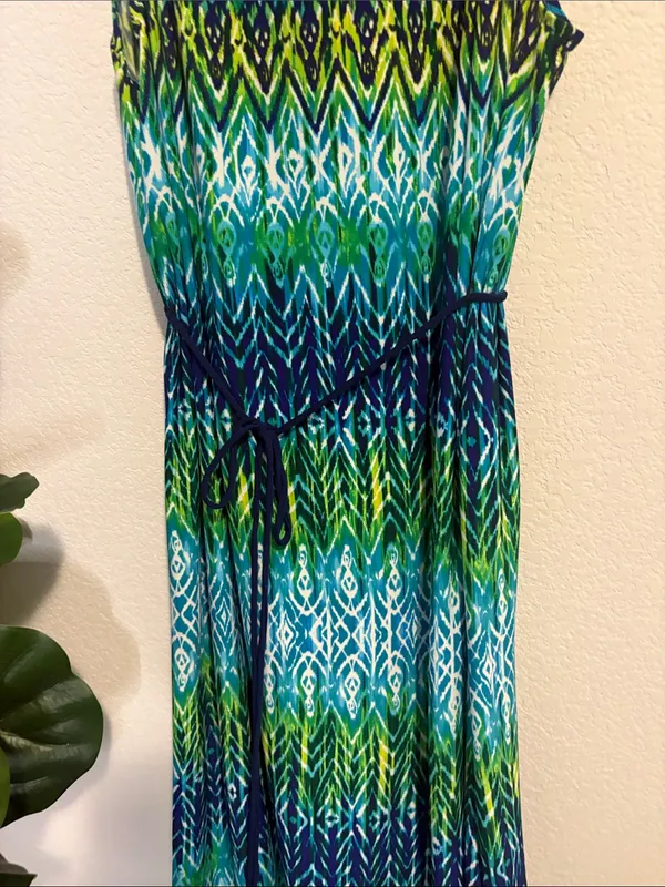 Sleeveless Blue-Green Patterned Maxi Dress 3x with tie waist - Image 3