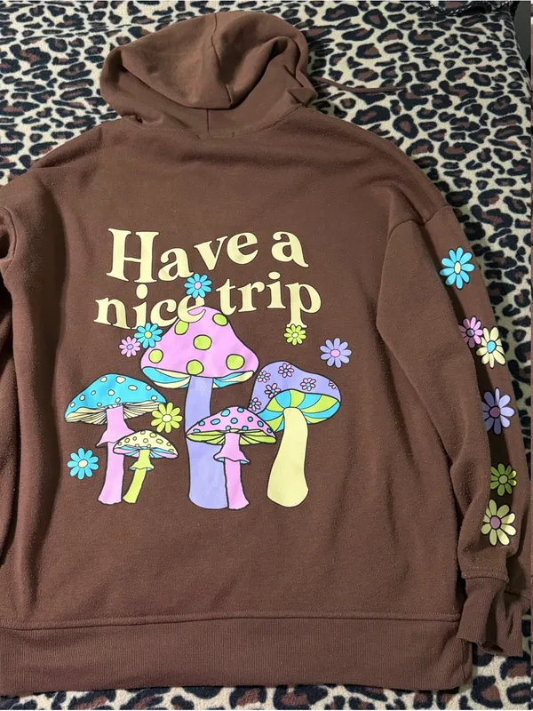 2000s style whimsical brown graphic oversized zip up hoodie w mushroom graphic - Image 6
