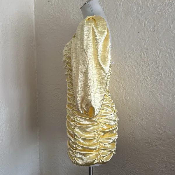 Lucy in the Sky Yellow Satin Ruched Puff Sleeve Mini Dress Belle of the Ball L - Image 6