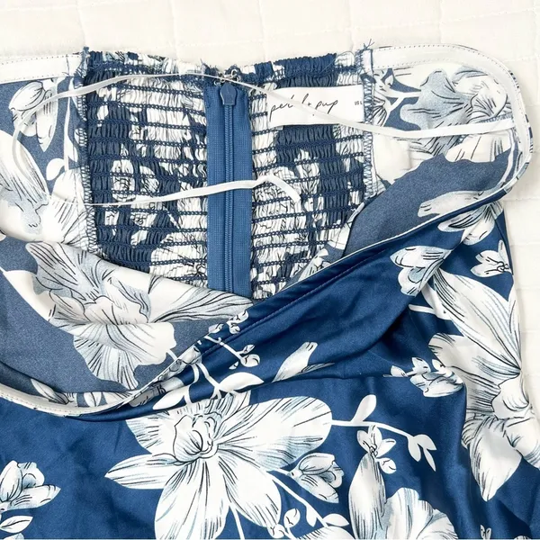 Petal + Pup Gemma Strapless Satin Maxi Dress Blue White Floral Size Large - Image 9